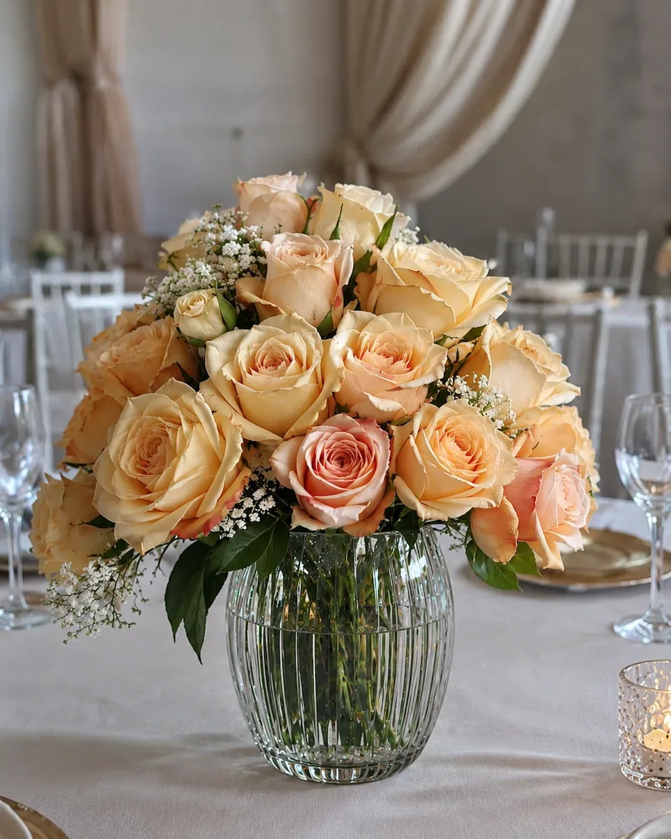 Rose and greenery arrangement styled as a table centrepiece